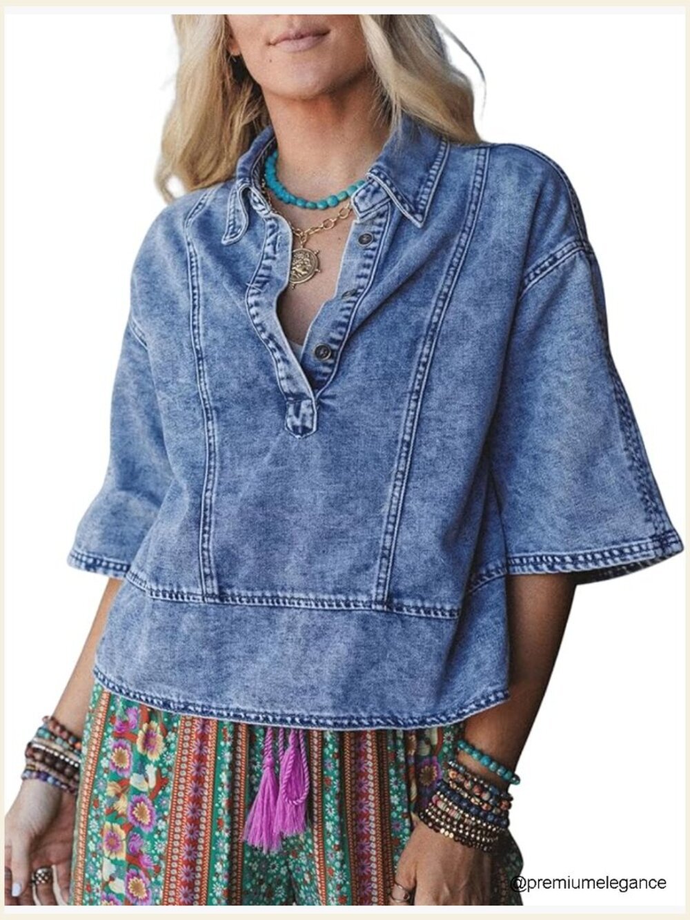 Women's Oversized Cropped Denim Button Down Top 3/4 Sleeve Boho Casual